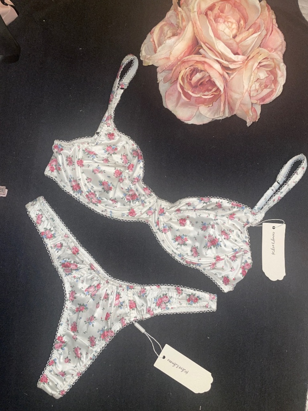 For Love & Lemons That’s Amore Ditsy Floral Luxe Satin Bra AND Thong - NWT -M/L